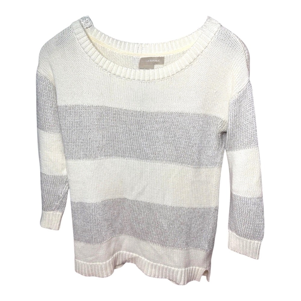 Banana Republic XS Metallic Striped Sweater Gray White Knit Crew Neck Pullover